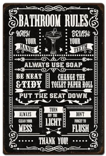 Hobbspring 1pc Bathroom Rules Metal Tin Sign 20x30cm Vintage Iron Wall Door Sign Funny Toilet Decoration Tin Signs with 4 Pre-Drilled Holes for Washroom Restroom Wall Home Decor