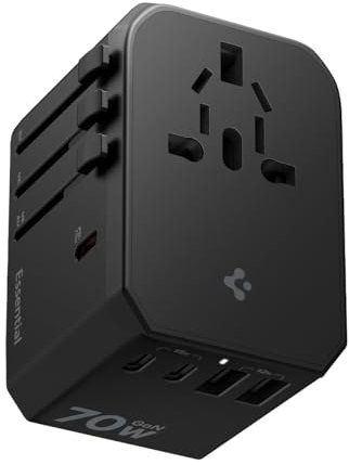 Spigen ArcStation Adattatore Universale da Viaggio 70W [5-Porte & PD] con 3 USB C e 2 USB A, Presa Universale da Viaggio per Inglese/Americana/Australia/Giappone, Viaggio Accessori Utili - Nero