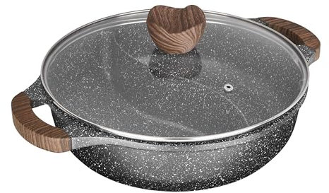 Sitram 716948 - Sartén con 2 compartimentos (diámetro 28 x 7,5 cm, aluminio fundido, revestimiento antiadherente sin PFOA, efecto piedra, olla Shabu con tapa de cristal, incluye inducción