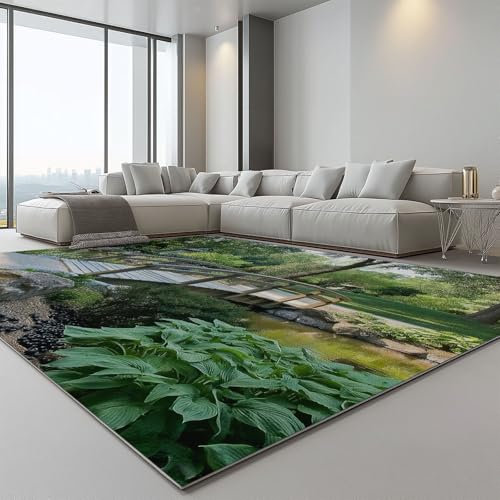 Teppich Wohnzimmer Fotografie Dschungel Brücke rutschfest Kurzflor Kunstwolle Schlafzimmer Teppich Grün Waschbar Bettvorleger Teppiche 80 x 150 cm für Schlafzimmer Büro Bereich Dekor