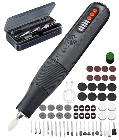 Outil Rotatif Multifonction Sans Fil 8V, Mini Perceuse Sans Fil, 5 Vitesses (6000-23000 tr/min) et 56 Accessoires pour Gravure, Polissage, Perçage, Bricolage Avec lumière LED