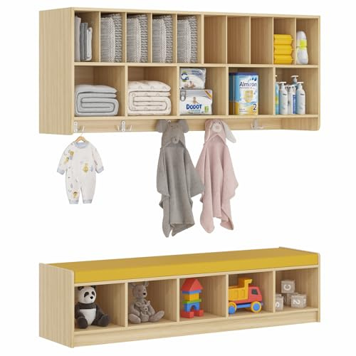 Kikihouse Wall Diaper Organizer for Daycares with Cubby Bench, Wooden Diaper Shelf with 5 Cubbies and 10 Small Storage, Daycare Cubbies for Nursery, Home, School