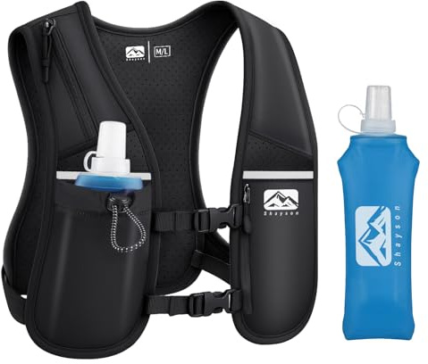 Chaleco de Running Shayson para Mujer y Hombre con Botella de Agua de 500 ml incluida, Correas de Pecho Ajustables, Transpirable y Reflectante, Mochila de hidratación, Chaleco de Running (M/L)