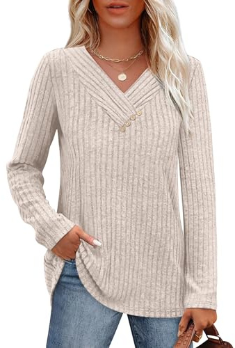Aokosor V Neck Jumpers for Women UK Long Sleeve Tops Womens Sweatshirt with Buttons Casual Loose Fit Beige Size 10-12 M