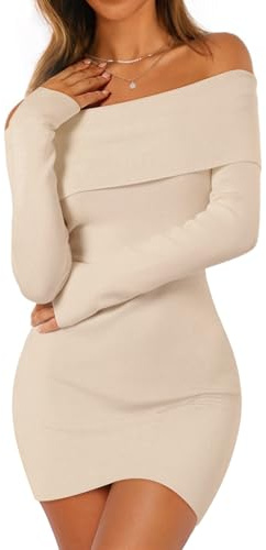 MEROKEETY Women's Sexy Off Shoulder Sweater Dress 2026 Winter Spring Long Sleeve Bodycon Club Night Out Mini Dresses, Apricot, Medium