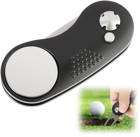 leruiyezs Portapuros De Golf Divot Tool Plegable con Botón Desplegable Y Marcador Golf Magnético Pitchgabel Golf Compacto De Acero Inoxidable Golf Tenedor Multiusos para Reparación De Green