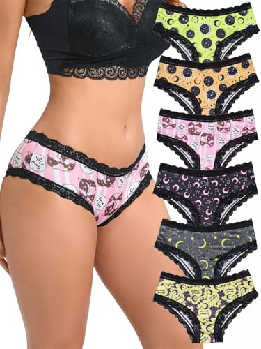 Morvia 6pcs Women Underwear Gothic Sexy Halloween Skulls Roses Allover Print Contrast Lace Hipsters Panties (US, Alpha, Medium, Regular, Regular, 6pcs Moon & Stars Print)
