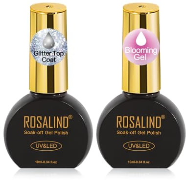 Rosealind Blooming Gel med Glitter Topprock UV-nagellack 2 st 10ML, Blommande Gelnagellack för gelnaglar, Soak-Off UV LED Blommande Nagelgel Glitter Topprock nagelkonst manikyrset