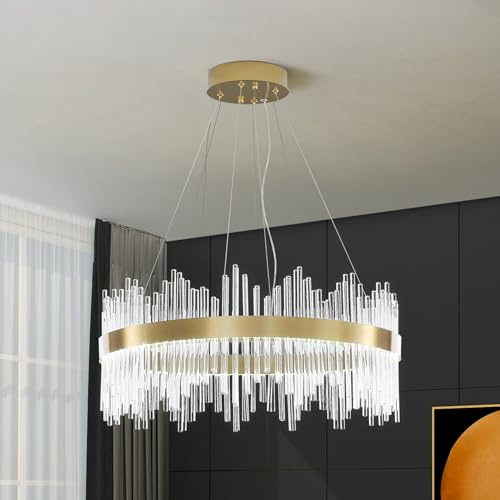 HvKvHvY Modern kristallkrona, gyllene LED-upphängning, halvinfälld taklampa, hängande ljuskrona för kök, vardagsrum, sovrum, hall, trappor, 60 cm