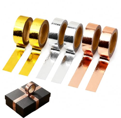 PMELCXD 6 Rollos De Cinta Washi Adhesiva Metálica De 15mm x 5m En Dorado, Plateado Y Oro Rosa, Autoadhesiva para Decoración De Regalos, Álbumes, Azulejos Y Manualidades Creativas