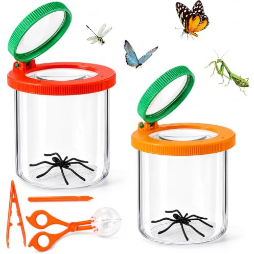 Lupas para niños, 2 unidades, atrapa insectos, lupas para niños, lupa para niños, con red de atrapainsectos, pinzas, juguetes para niños pequeños, para exteriores, ciencia, naturaleza, exploración