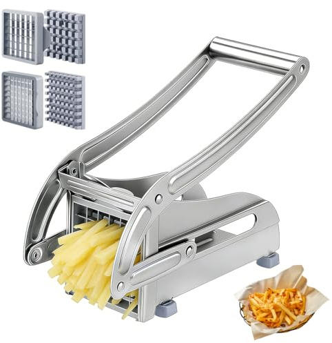 Wapasezyar Pommesschneider Edelstahl, Kartoffelschneider Scheiben mit 2 Klingengrößen, Kartoffelschneider für hausgemachte Pommes, Pommesschneider Edelstahl mit Rutschfester Saugtechnologie
