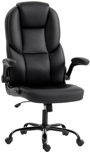 HOMCOM Sedia da Ufficio Ergonomica con Braccioli Ribaltabili Imbottiti e Schienale Curvato Alto Traspirante, Sedia Scrivania Imbottita Girevole in Pelle PU, Funzione Dondolo, Altezza Regolabile, Nero