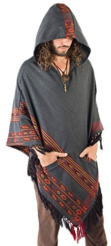 AJJAYA herr poncho mörkgrå handgjord yakull med stor huva och fickor djungel primitiv festival mexikansk tribal broderad keltisk jordig vinter tibetansk