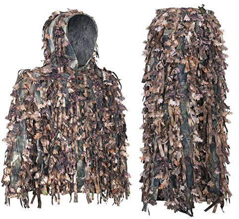 Auscamotek 3D Ghillie Suit Lightweight Camouflage Hunting Clothing Set with Leafy & Strip Design, Breathable Mesh Lining for Outdoor Activities - M/L, Yellow Camo