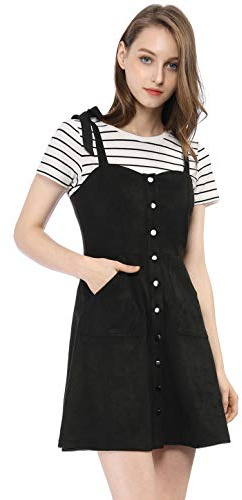 Allegra K Women's Casual Overall Dress Button Down Pockets Sleeveless Faux Suede Pinafore Dress X-Small Black