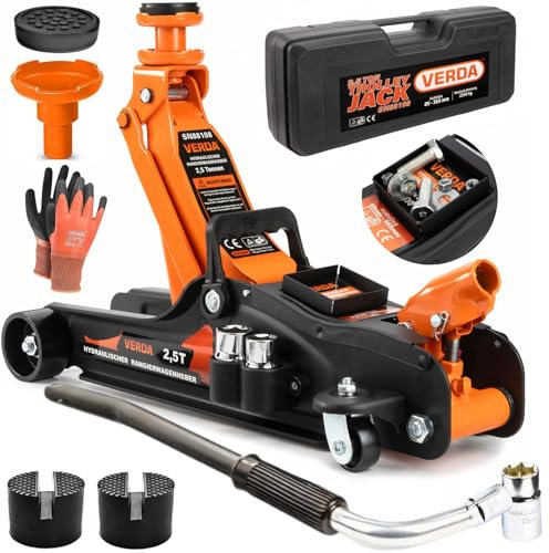 Hydrualischer Wagenheber 2,5T, 85-365mm + 3X Gummiauflage + Tragekoffer + Radmutterschlüssel + Handschuhe, Rangierwagenheber mit Hebelstange 2in1 Auto Heber, PKW Profi SN88108