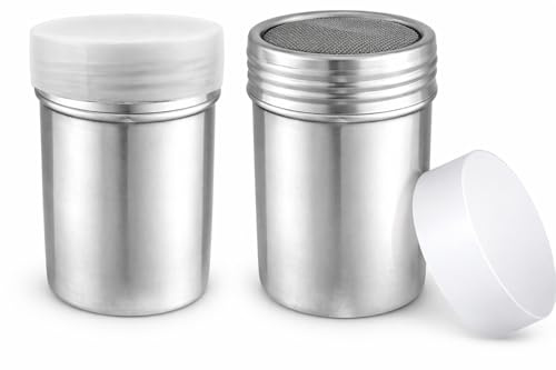 EHOMEA2Z Stainless Steel Powdered Sugar Dredge Shaker & Flour Sifter with Lid - Fine Mesh Dredger for Cinnamon, Salt, Pepper (2, 10 Oz)