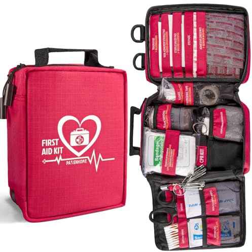 First Aid Kit with Rapid-Response Labeled Compartments, Compact Waterproof Emergency Kit with Molle Straps for Car, Camping, Home, Hiking, Travel