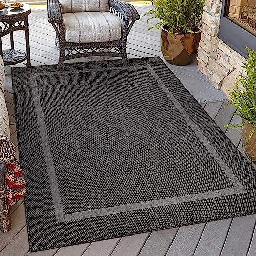 Homebyhome Utomhusmatta 160x230 cm Svart Kantdesign Flatvävd Väderbeständig Tvättbar för Vardagsrum Matsal Terrass