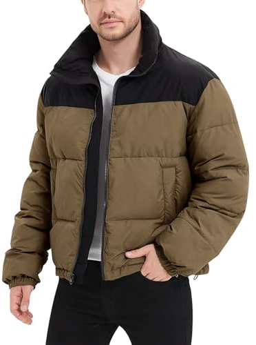 Flygo Men Puffer Jacket Winter Coats Water Resistant Long Sleeve Zip Up Lightweight Quilted Down Jackets(DarkKhaki-L)