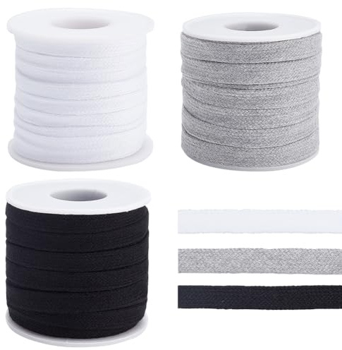 BENECREAT 3 Rolls 30m/32.8Yards Flat Replacement Cotton Cords, 10mm Wide 3 Colors Flat Drawstring Cord Rope with Plastic Spools for Garment Accessories Sports Pants Sweater