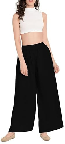 P&R DANCEWEAR LTD Womens Plain Flared Palazzo Trousers Baggy Wide Leg Flared Pants Black 24-26
