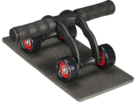 Relaxdays Rodillo 4 Ruedas, Entrenador Abdominales para Casa, Ruedita Fitness con Esterilla, Negro/Rojo, Gomaespuma, 11,5x29,5x21,5cm