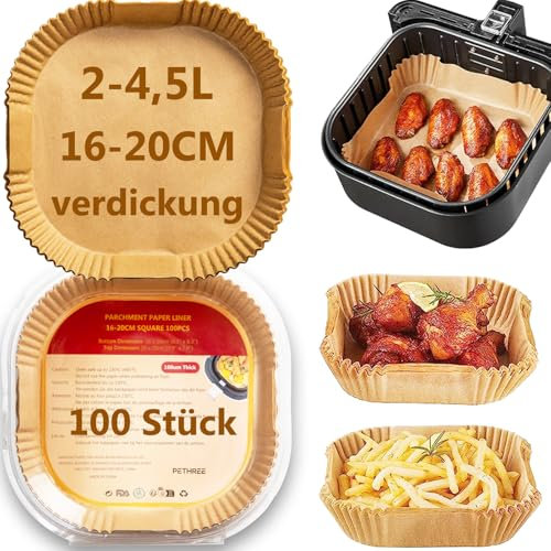 PETHREE Backpapier für Heißluftfritteuse 2-4,5L, 100 Stück BPA-frei Verdicktes 16-20,5cm Airfryer Baking Paper Eckig, Antihaft Wasserdicht Ölfest Einwegschalen Luftfritteuse Schalen Zubehör