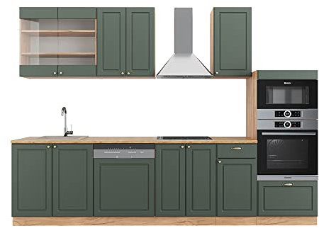 Vicco Küchenzeile Fame-Line, Grün-Gold Landhaus/Goldkraft Eiche, 300 cm mit Hochschrank, AP Eiche