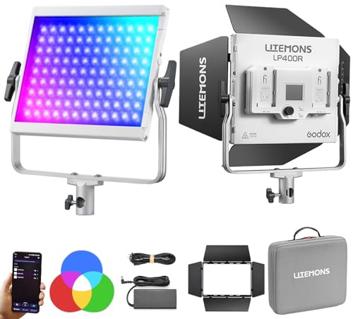 Godox LP400R LP400 Panneau LED RVB avec contrôle par Application, lumière vidéo LED 36 W, 360 ° RVB, 1800 K-10000 K, CRI 96+/TLCI 96+/14 Modes FX pour Streaming Youtube (1 pièce)