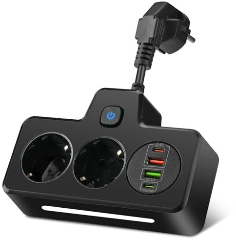 Pfloge® Steckdosenleiste mit USB C,2 Fach Steckdose 4 USB Ladeanschlüsse(2 USB C + 2 USB A), Mehrfachsteckdose mit LED Lichtstreifen für Smartphones, Laptop, Zuhause