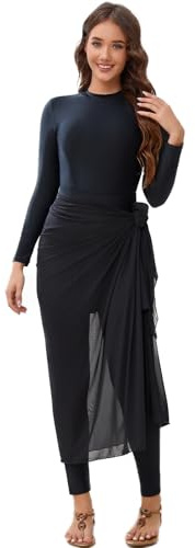 seafanny Women Muslim Swimwear Long Sleeve 4 Pieces Modest Burkini Swimsuit with Back Zipper + Sarong Black 8-10