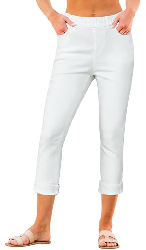 Roskiky Jean à enfiler pour femme, taille haute, pantalon capri, tendance, extensible, en denim, coupe courte, jeggings capris, Crème, blanc, L