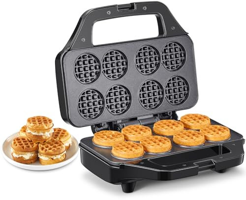 Reemix Mini Waffeleisen, Waffelmaschine für 8 x 4,8 cm Mini-Waffeln, kompakte Waffelmaschine mit antihaftbeschichteter Oberfläche, einfach zu bedienen, ideal für Frühstück & Snacks (Schwarz)