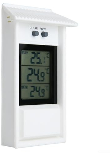 Termómetro Min Max - Digital con gancho de agujero alto y bajo para grabar temperaturas máximas y mínimas, accesorios de invernadero para jardín, montaje en pared (blanco)