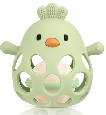 HOTUT Sonaglio Silicone Neonato,Palla Sonaglio per Bambini Femmina Maschio per Neonati, Palla a Presa per Bambini, Senza BPA - Verde Oliva