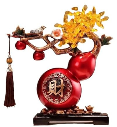 Borddekoration Kristallpengarträd med kalebassprydnad, Feng Shui-dekoration i vardagsrummet, dekoration med Luck Reiki-kristaller Tur(Red)