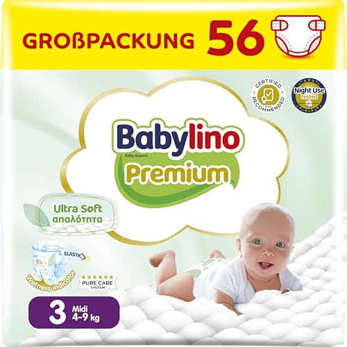 Babylino Premium, Windeln Größe 3 mit Ultra-Soft-Filter, Midi (4-9 kg), 56 Stück