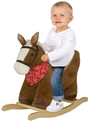 BAKAJI Cavallo a Dondolo Cavalcabile Peluche Giocattolo per Bambini con Effetti Sonori Maniglie e Cintura di Sicurezza (Horse)