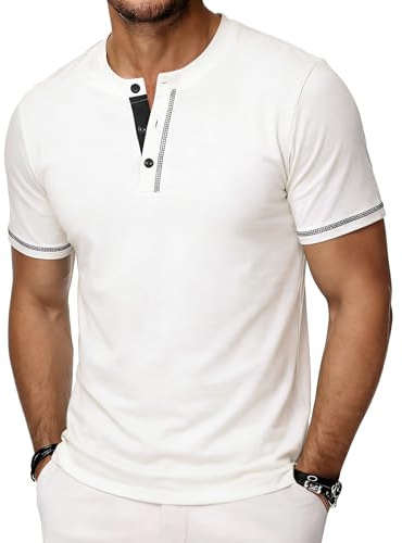 Wayleb Tee Shirt Homme en Coton Henley T-Shirt avec Manches Courtes | Col Tunisien, Classique, Décontracté, Basique, Pour Quotidien, Réunions, Balades, Voyages et Temps Libre