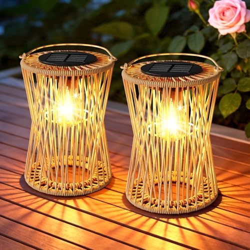 AOUNQ Solar Lanterns Outdoor Waterproof 2 Pack, Upgraded Rattan Hanging Solar Lights for Outside with Handle, Bright Auto On/Off Decorative Outdoor Lanterns for Patio Garden Yard Porch, Gifts for Mom