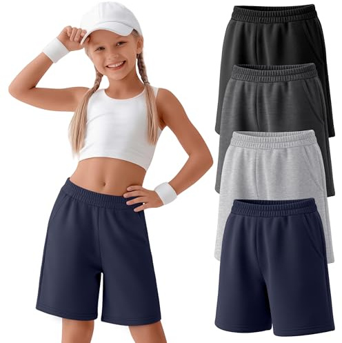 YooAurvox 4 Pack Girls Bermuda Shorts Knee Length Straight Leg Athletic Shorts Kids Elastic Waist Summer Casual Long Shorts(Navy Blue, Light Gray, Dark Gray, Black,13-14 Years)