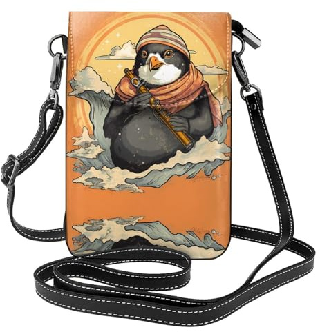 XBKGOHA Piccola borsa per telefono cellulare 19,3 x 12,4 cm pinguino che suona il flauto stampa pelle tracolla custodia per telefono per donne, perfetta per passeggiate, campeggio