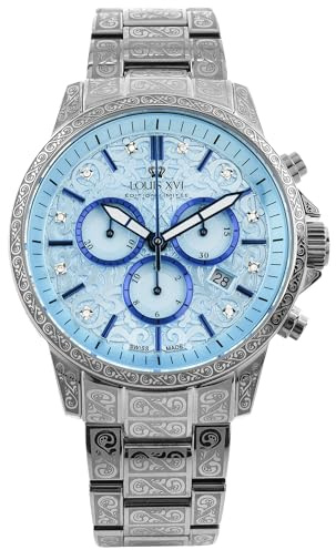 LOUIS XVI Palais Royale 2.0 1831 – Montre pour homme – Étanche – Bracelet argenté – Cadran Baby Blue anodisé bleu avec diamants – Mouvement à quartz suisse