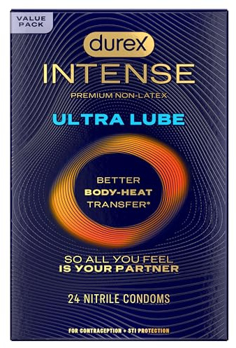 Durex Intense Ultra Lube Non Latex Condoms, Ultra Thin Condoms Lubricated with Silicone Lube, Latex Free, Premium Nitrile, 24 Count
