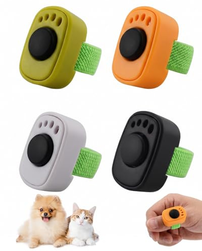 RAMGLYO Clicker Addestramento Cani Set da 4 Pezzi (Nero, Bianco, Arancione, Verde Militare) in Plastica Robusta con Anello Dito, per Rinforzo Positivo Efficace di Cuccioli, Cani, Gatti & Cavalli.