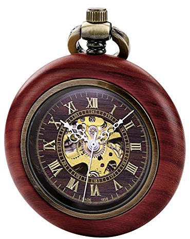 TREEWETO Orologio da taschino meccanico automatico in legno vintage per uomo e donna, quadrante scheletrato steampunk, con catena + confezione regalo, Marrone, Retrò
