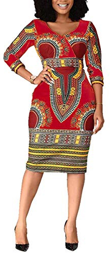 VERWIN Halva vaden V-ringad trekvarts ärm tryck kvinnor bodycon-klänning afrikansk midi-klänning, Röd, XL