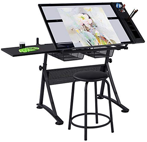 costoffs Adjustable Drafting Table, Tiltable Drawing Tabletop with Tempered Glass, Drawing Table Artist Desk With 2 Drawers/stool, Black, 121x60x70.5cm
